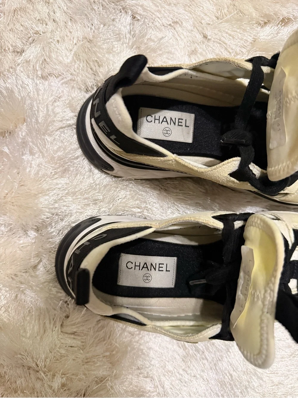 AUTHENTIC CHANEL Cream and Black Low-Top Sneakers with Gold Logo